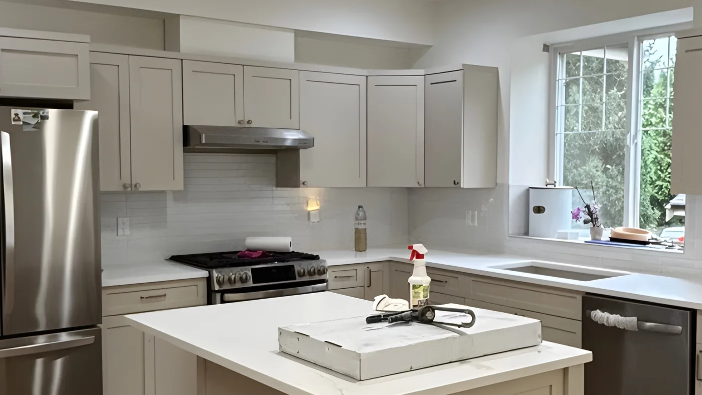 A renovated kitchen in a Langley home with new cabinets and countertops
