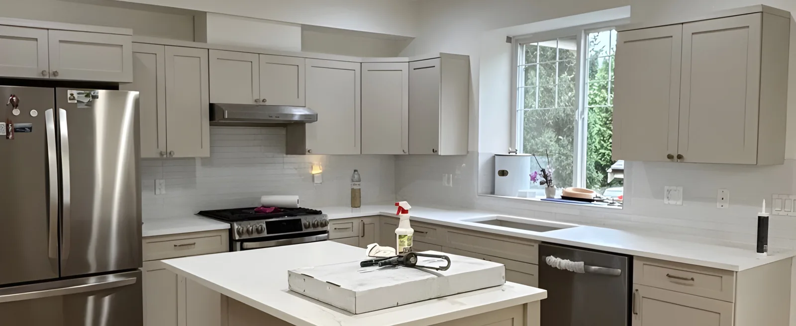 Complete modern kitchen renovation in Langley featuring a custom island and quartz countertops.