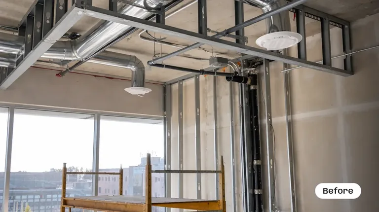 A commercial office space during the early stages of construction, showing a raw concrete ceiling, exposed metal ductwork, and bare metal wall framing. Yellow scaffolding, a red step ladder, and construction materials are scattered across the floor in a office by PCC.
