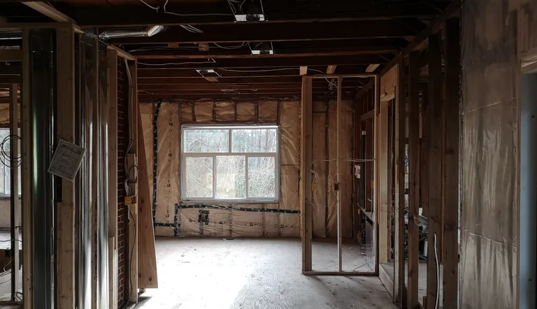 Gutted interior with exposed wall framing, insulation and a window before the interior renovation in Maple Ridge, BC by PCC Renovations.