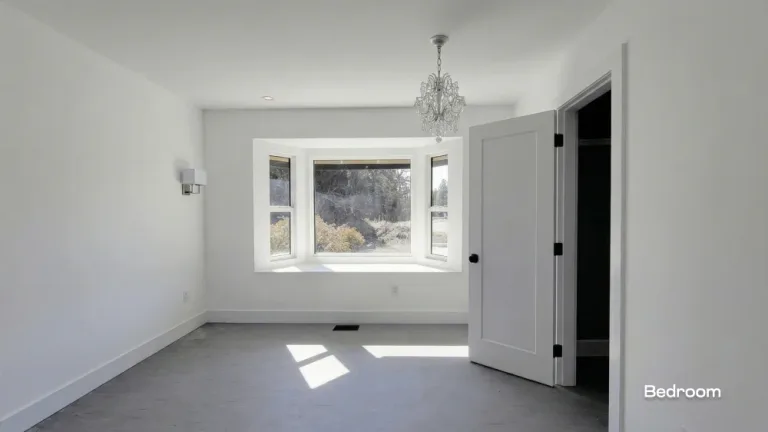 Bedroom interior renovation with new grey flooring, a walk-in closet, and a bay window by Pacific Coast Contracting.