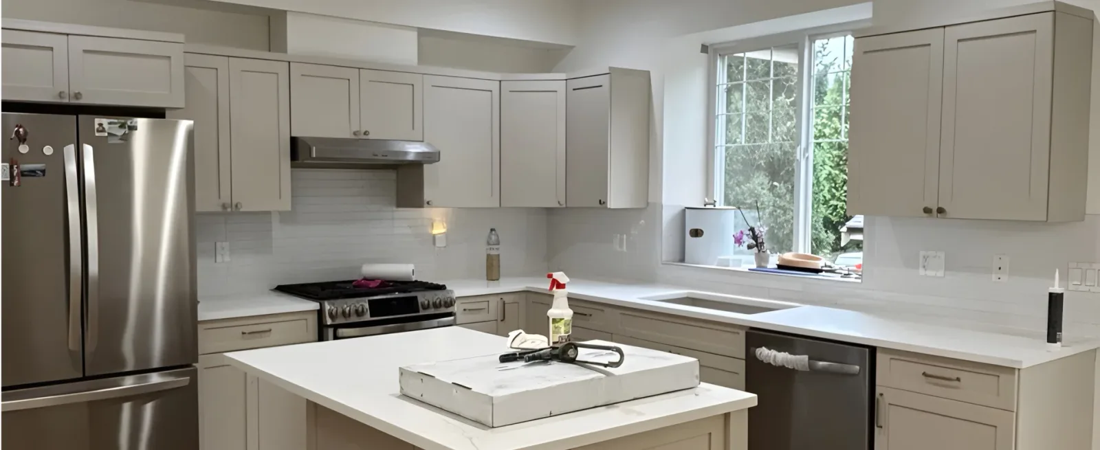 Complete modern kitchen renovation in Langley by Pacific Coast Contracting, showcasing custom cabinetry and premium stone surfaces.