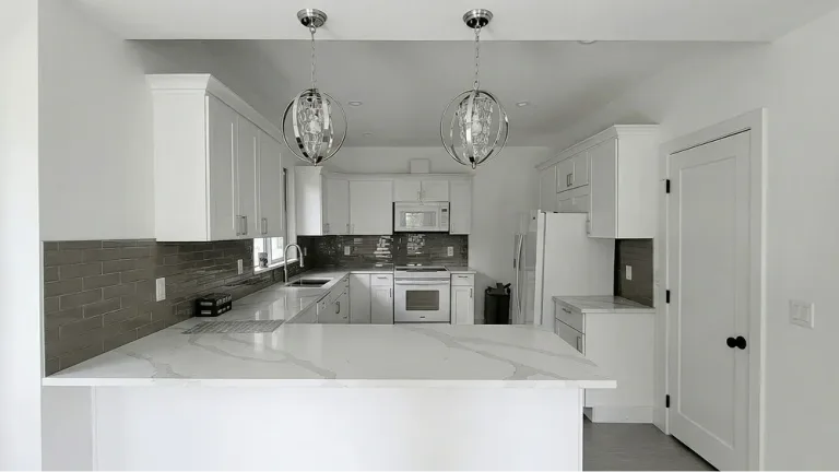 Seamless, modernized kitchen workspace ready for move-in, designed with a large custom island and sleek quartz surfaces.