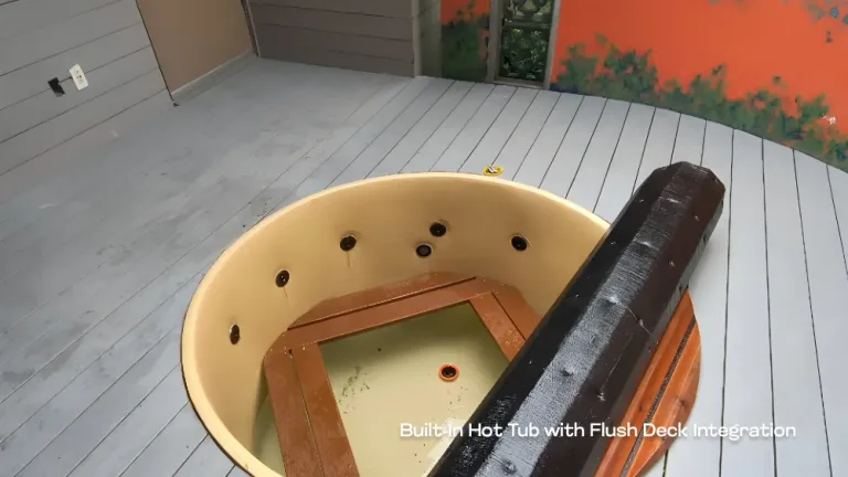 Close-up of a circular built-in hot tub with seamless flush deck integration and PCC decking finishes.