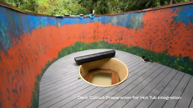 High-angle view of a circular deck cutout in grey composite boards, prepared for a hot tub installation by PCC.