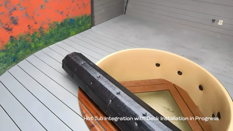 In-progress installation of a tan hot tub shell being integrated into grey PCC decking.