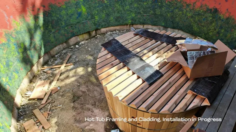 Detailed view of cedar cladding and framing being installed for a custom hot tub by Pacific Coast Contracting.