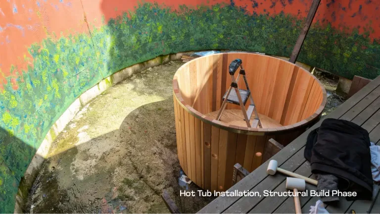 The structural build phase of a cedar hot tub tub by Pacific Coast Contracting, showing vertical slat assembly.
