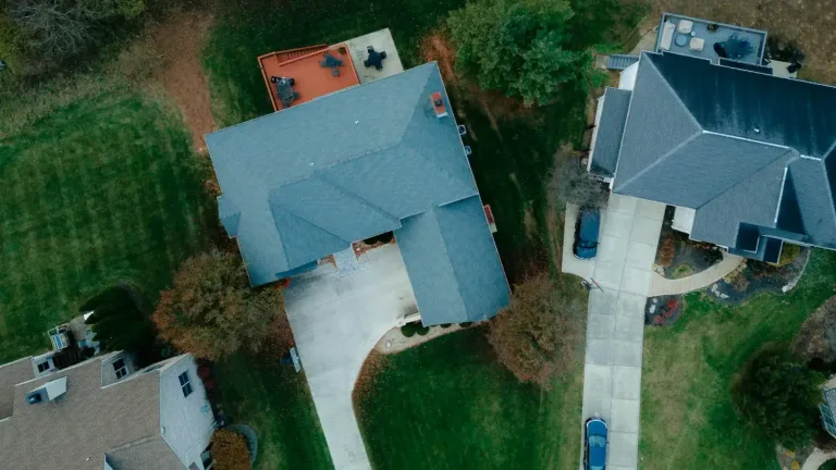 Aerial view of asphalt shingle roofs on a residential neighbourhood